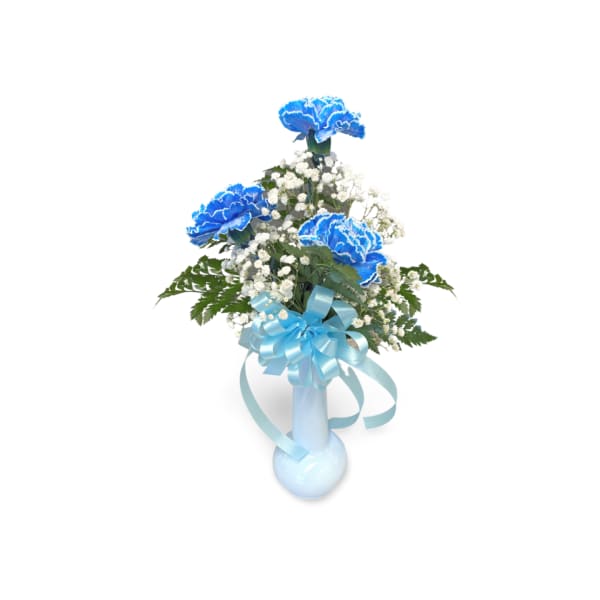 Blue carnations and white baby's breath in a light blue vase with ribbon