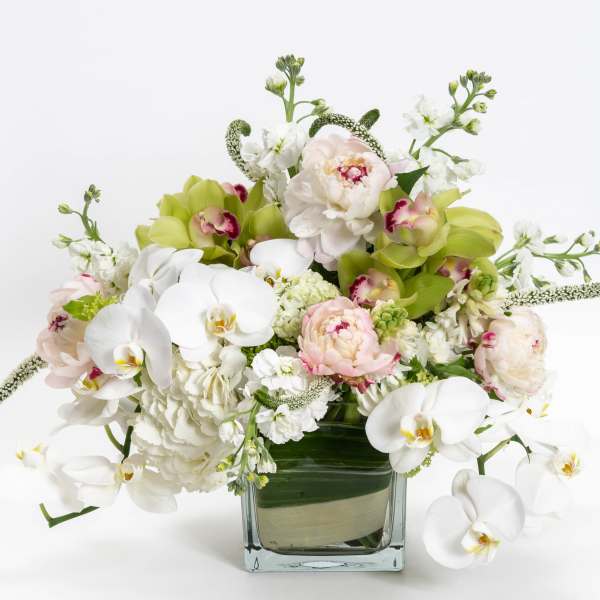 White and pale pink flowers arranged in a square glass vase