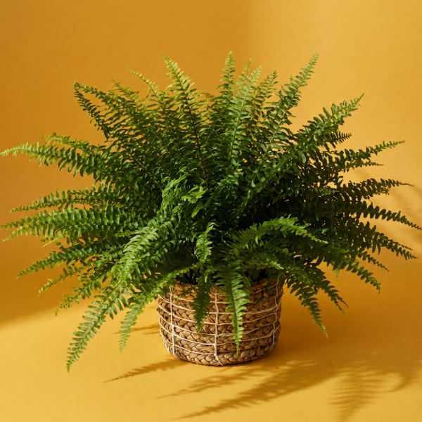 Potted fern in a woven basket planter on a yellow background
