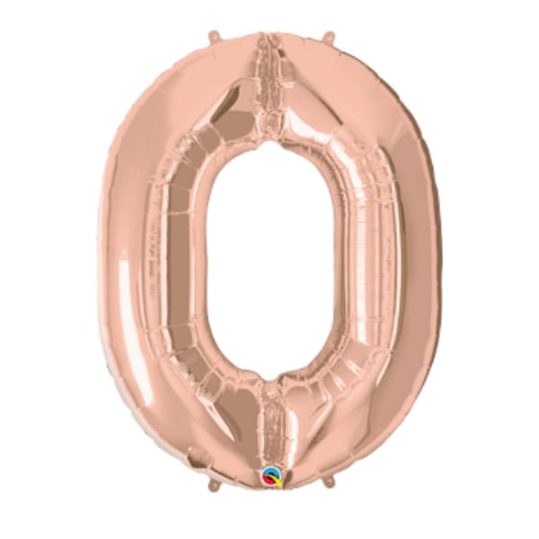 Rose gold foil balloon shaped like the number 0