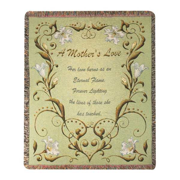 Decorative green throw blanket with 'A Mother’s Love' verse and white lily border