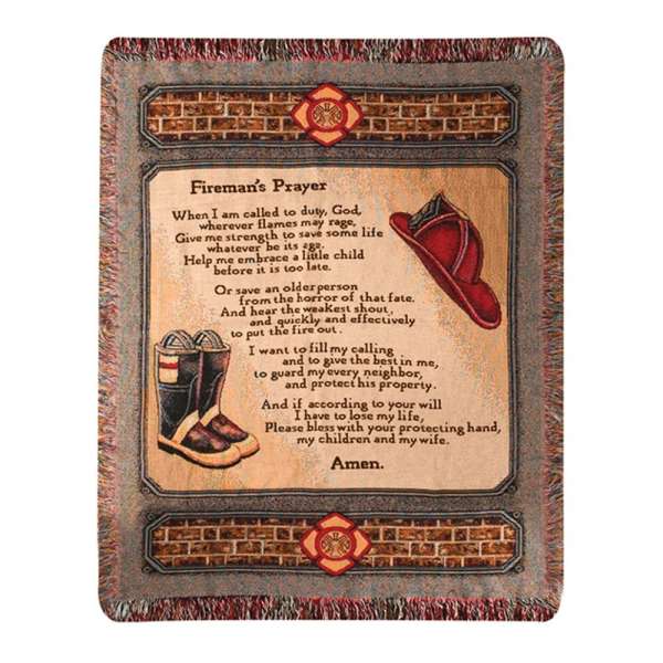 Fireman's Prayer printed blanket with firefighter boots and helmet