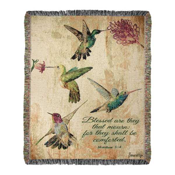 Decorative throw blanket with hummingbirds and a floral quote