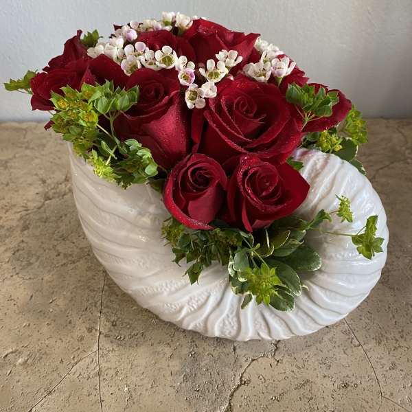 Red roses and white filler flowers in a white ceramic vase