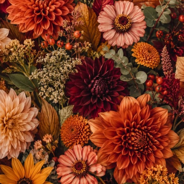 Autumn floral arrangement with orange, pink, and burgundy blooms