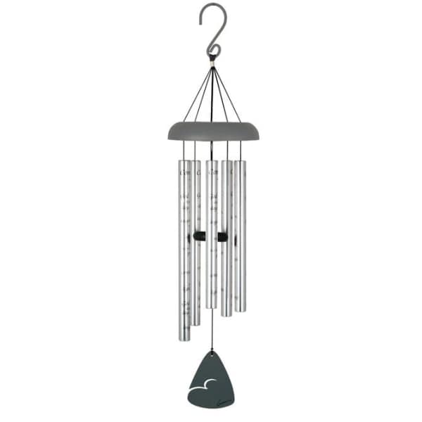 Silver wind chime with hanging metal tubes and a dark clapper