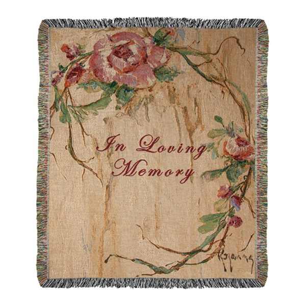 Floral memorial blanket with "In Loving Memory" text