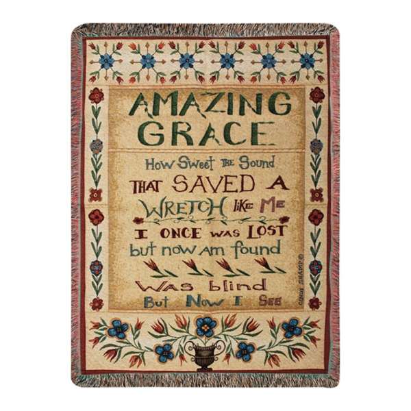 Decorative woven wall hanging with floral border and the words "Amazing Grace"