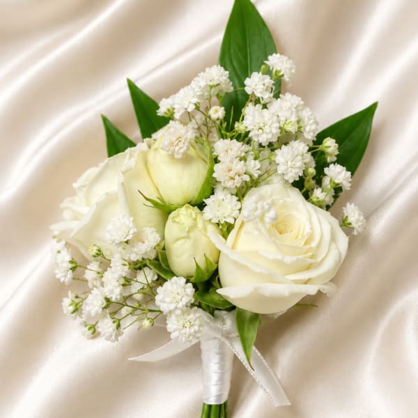 White rose bouquet with baby's breath and ribbon wrap