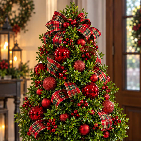 Decorated Christmas tree with red ornaments and plaid ribbon
