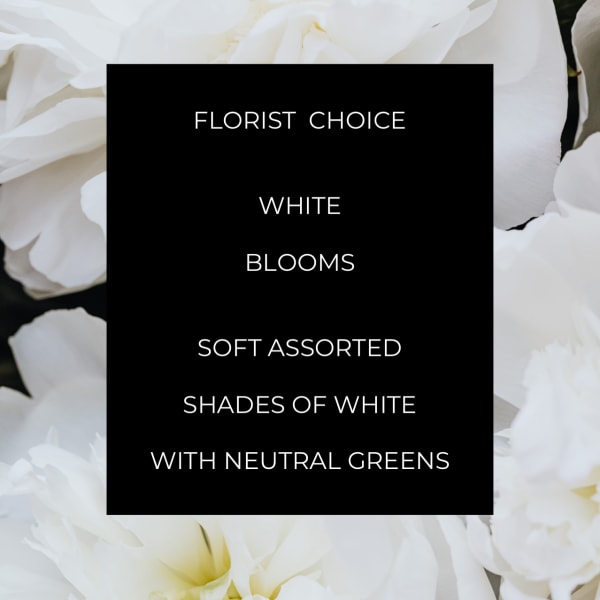 White blooms with a black florist choice label