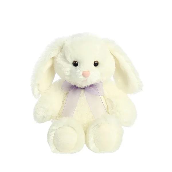 Cream-colored plush bunny with floppy ears and a light purple ribbon bow.