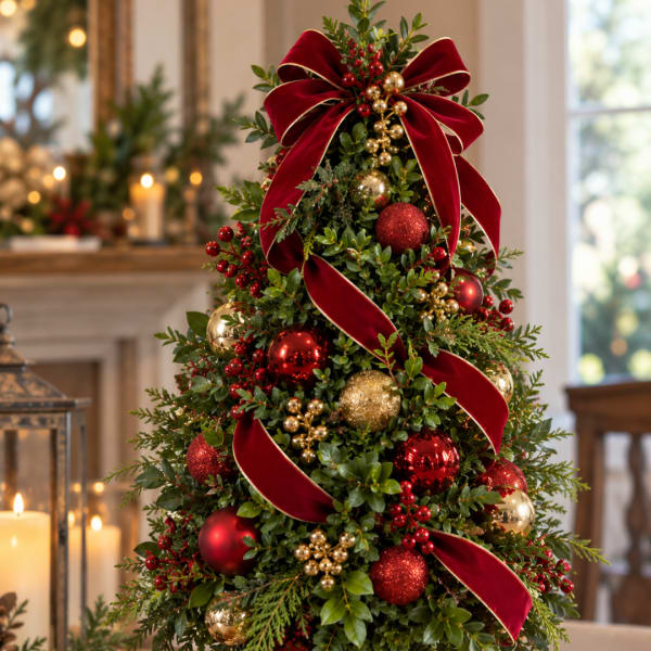 Decorated Christmas tree with red ribbon and gold ornaments