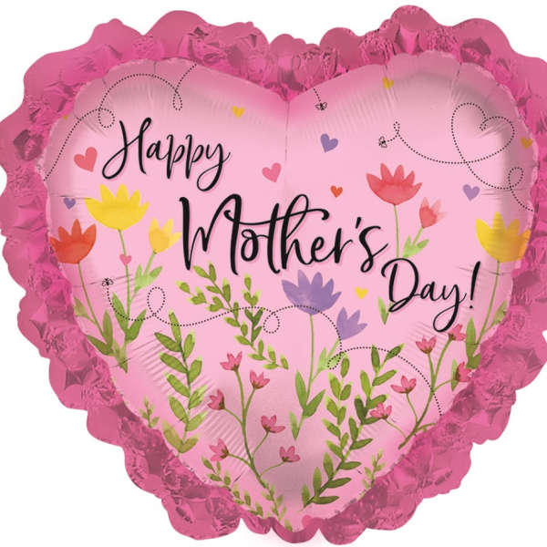Heart-shaped pink balloon with "Happy Mother's Day" text and floral graphics