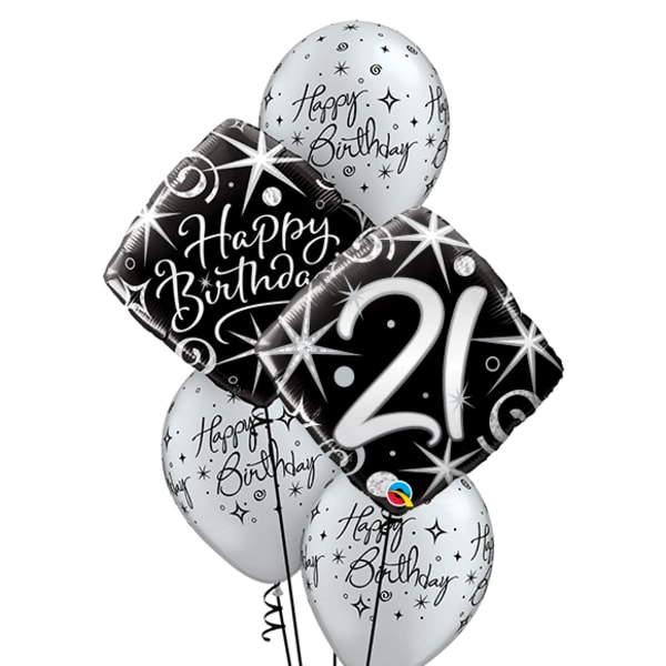 Cluster of black and silver birthday balloons with a "21" balloon