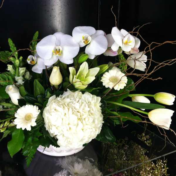 Low white arrangement with orchids, hydrangea, tulips, roses, lilies, and gerberas in a white bowl.