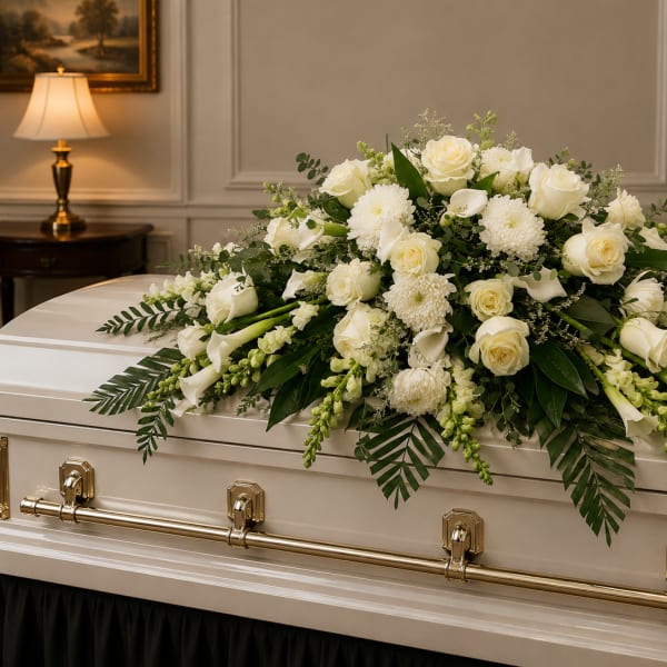 White floral spray on a casket with roses and calla lilies