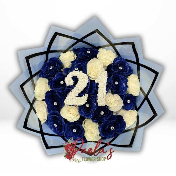 Blue and white rose bouquet arranged around the number 21