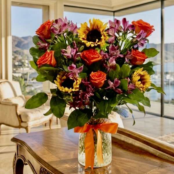 Bouquet of sunflowers, orange roses, and pink flowers in a glass vase