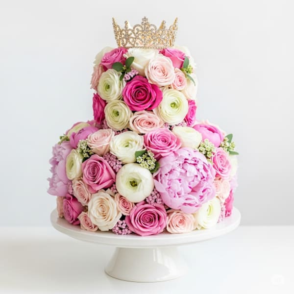 Tiered floral cake with pink and white roses topped by a gold crown