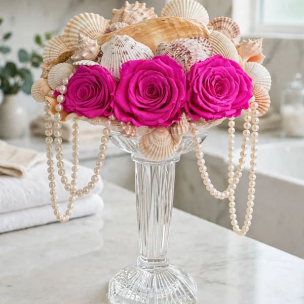 Pink roses in a clear vase with seashells and pearl strands
