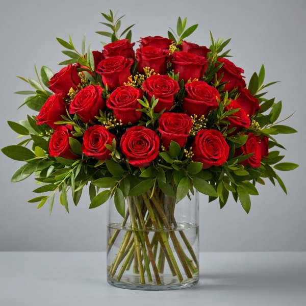 Red roses arranged in a clear glass vase with greenery