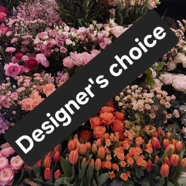 Assorted pink and peach flower bouquets with a diagonal "Designer's choice" banner