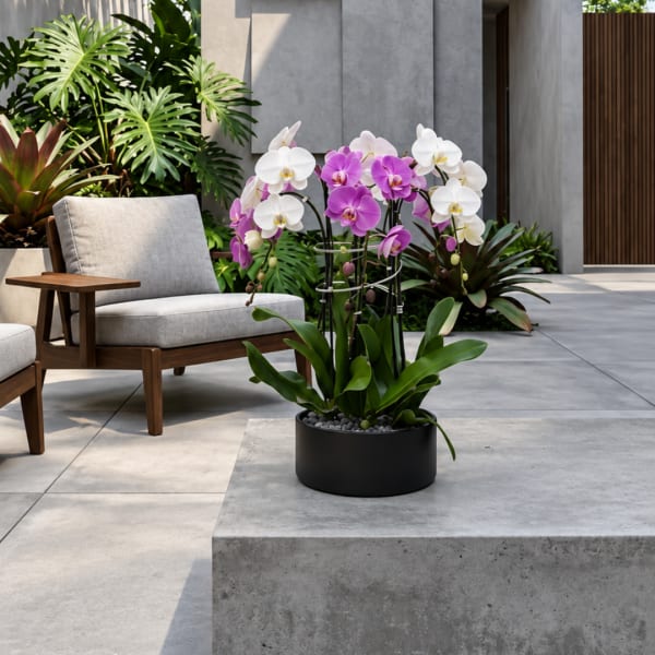 Potted orchid arrangement with white and purple blooms in a black planter