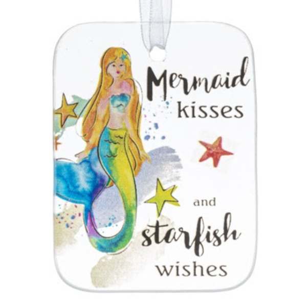Rectangular hanging ornament with watercolor mermaid and the phrase Mermaid kisses and starfish wishes.