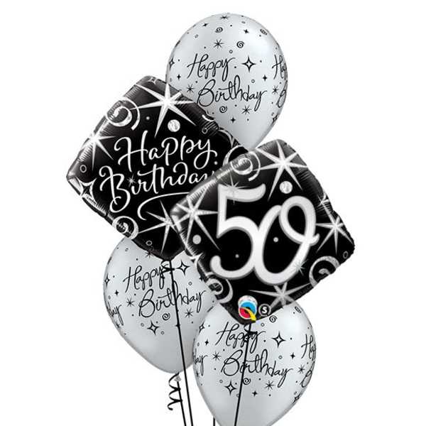 Cluster of black and silver birthday balloons, including a 50 balloon