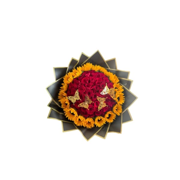 Round bouquet of red roses and yellow flowers with butterfly accents