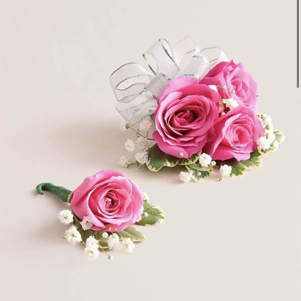 Hot Pink Corsage & Boutonniere Set (Silver Bow)