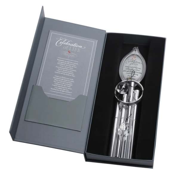 Memorial keepsake in a gift box with a silver wind chime and card