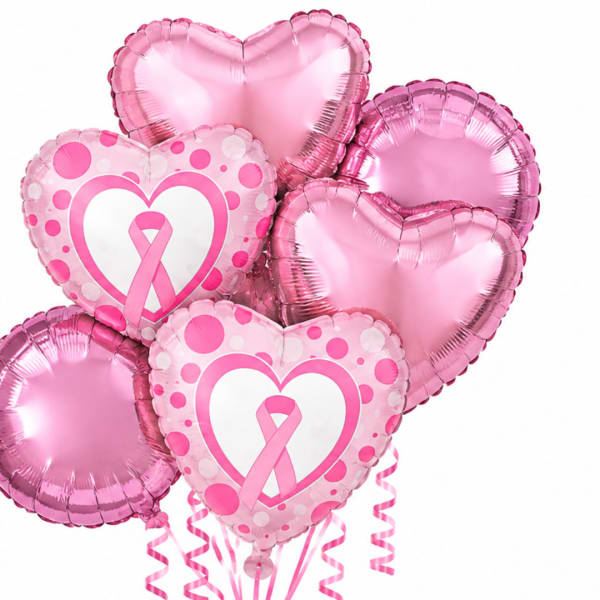 Cluster of pink heart-shaped balloons with breast cancer ribbon designs