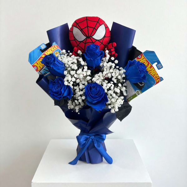 Blue rose bouquet with a Spider-Man plush and candy packs