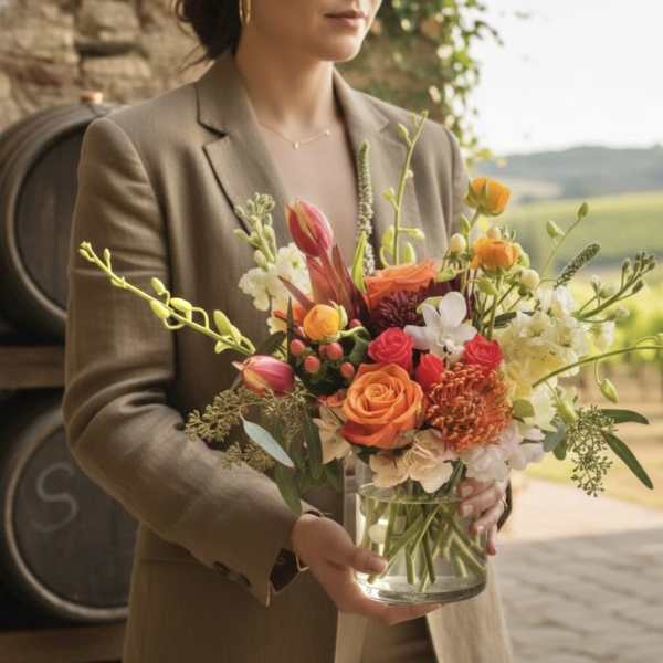 Woman holding a colorful bouquet in a clear glass vase