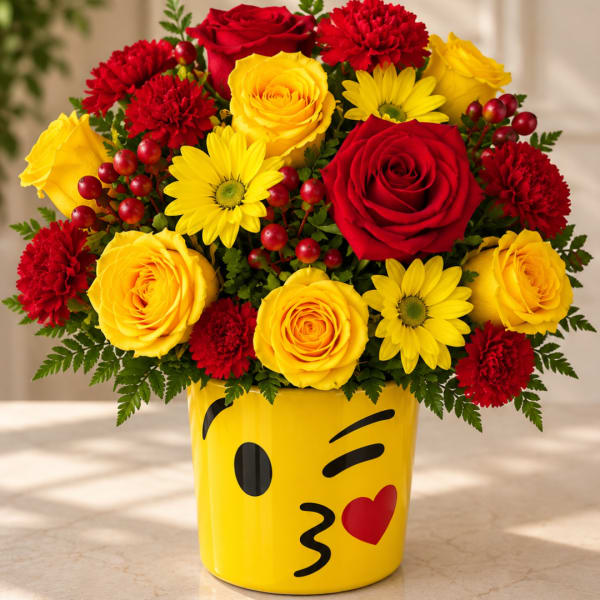 Yellow and red flower arrangement in a winking emoji vase