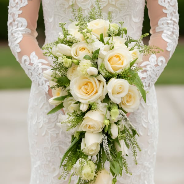 Bride holding a cascading bouquet of white and cream roses with greenery