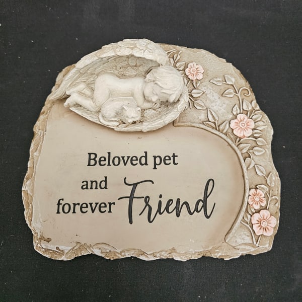 Decorative plaque with sleeping dog and cat and the words "Beloved pet and forever Friend"