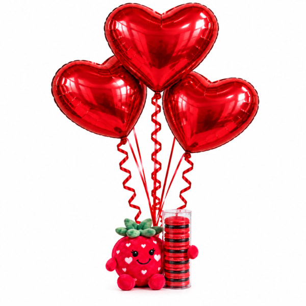 Three red heart balloons above a strawberry plush and a stack of red-and-black tokens
