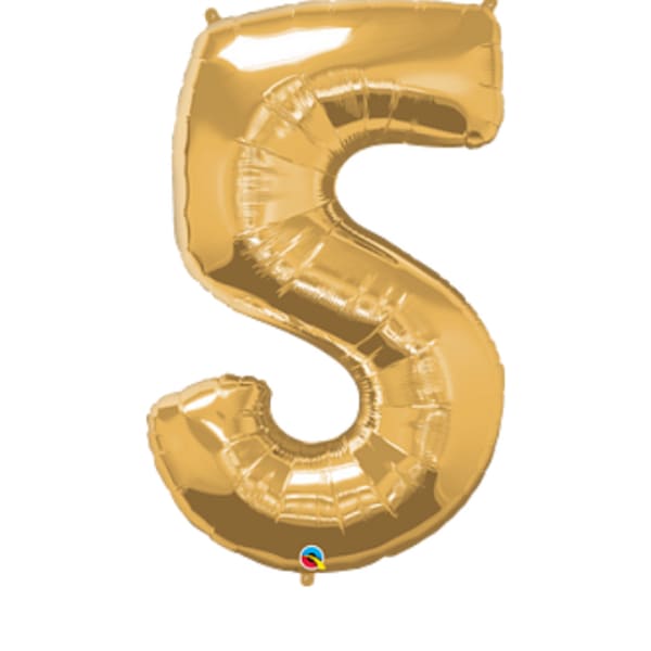Gold foil balloon shaped like the number 5