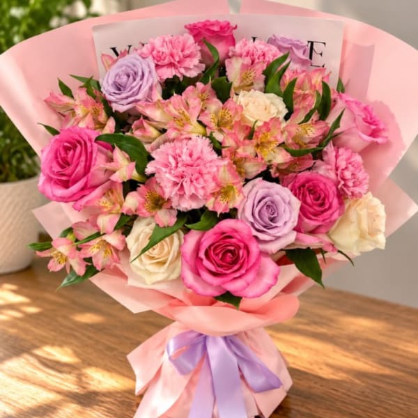 Pink and lavender bouquet with roses and carnations wrapped in pastel paper