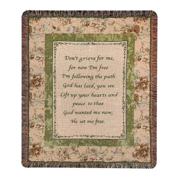 Floral-patterned woven throw blanket with a printed memorial poem
