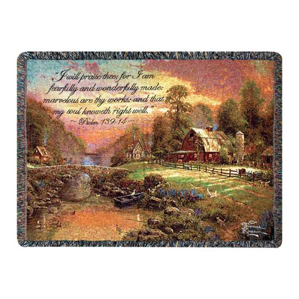 Fringed throw blanket with a pastoral barn and scripture print