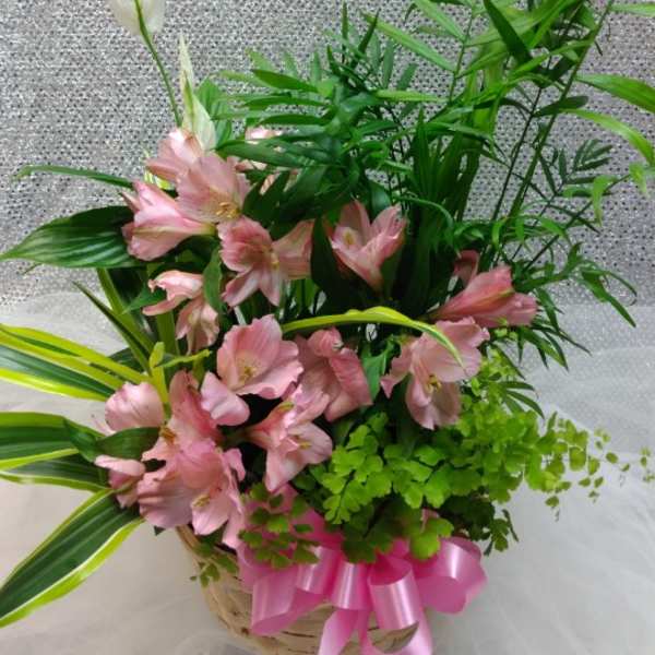 Basket arrangement of pink flowers with white blooms and lush greenery