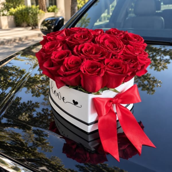 Red roses arranged in a white heart-shaped box with a red ribbon