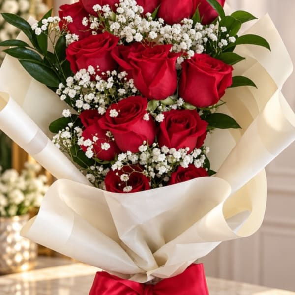 Bouquet of red roses with white baby's breath wrapped in cream paper