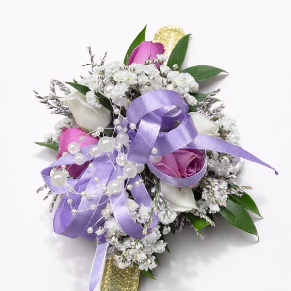Lavender Pearl Wrist Corsage With Spray Roses for Wedding