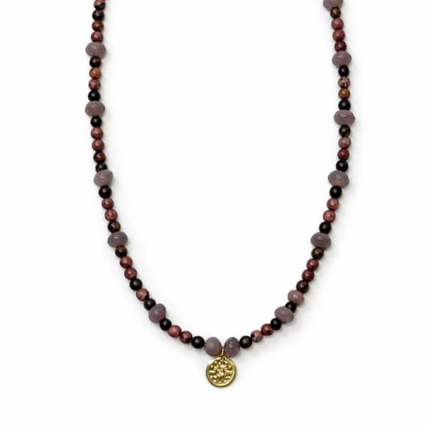 Beaded necklace with brown and gray beads and gold pendants
