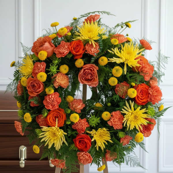 Orange and yellow floral wreath on a wooden stand